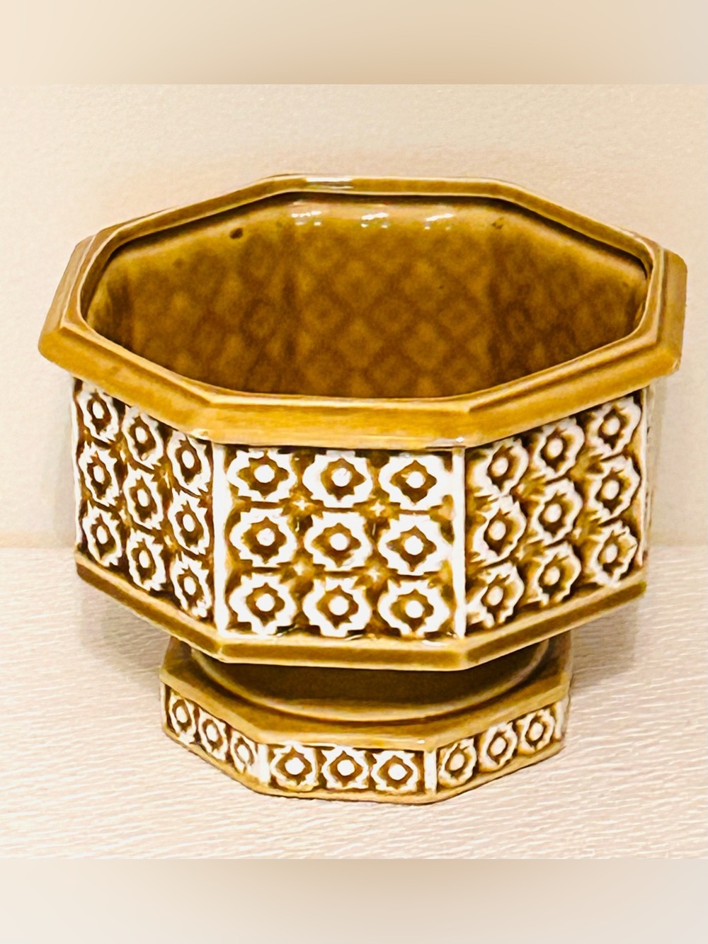 1960’s Octagonal Pedestal Planter- Mustard Yellow & White